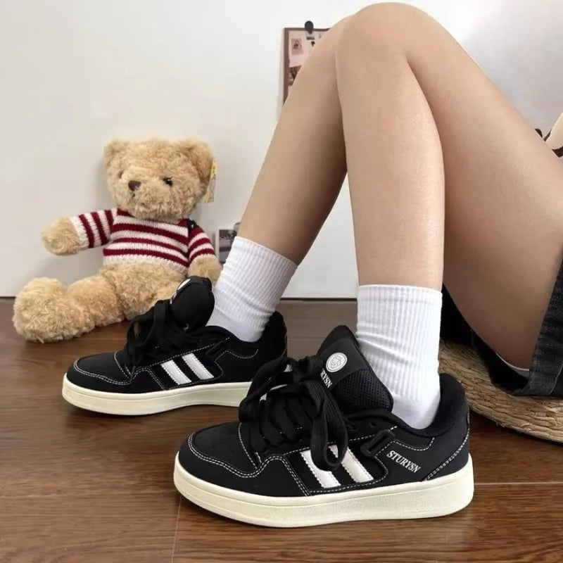 Chic Retro Matte Black Casual Sneakers for Women ATHLEXES