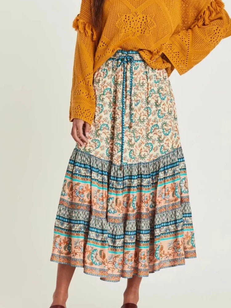 Bohemian Floral Peacock Midi Skirt for Women ATHLEXES