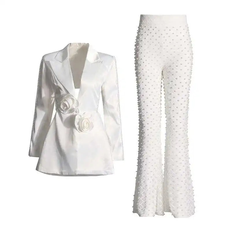 Elegant 3D Flower Blazer and Wide Leg Pant Set ATHLEXES