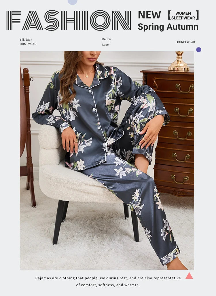 Autumn Pajama Women Silk Satin Set ATHLEXES