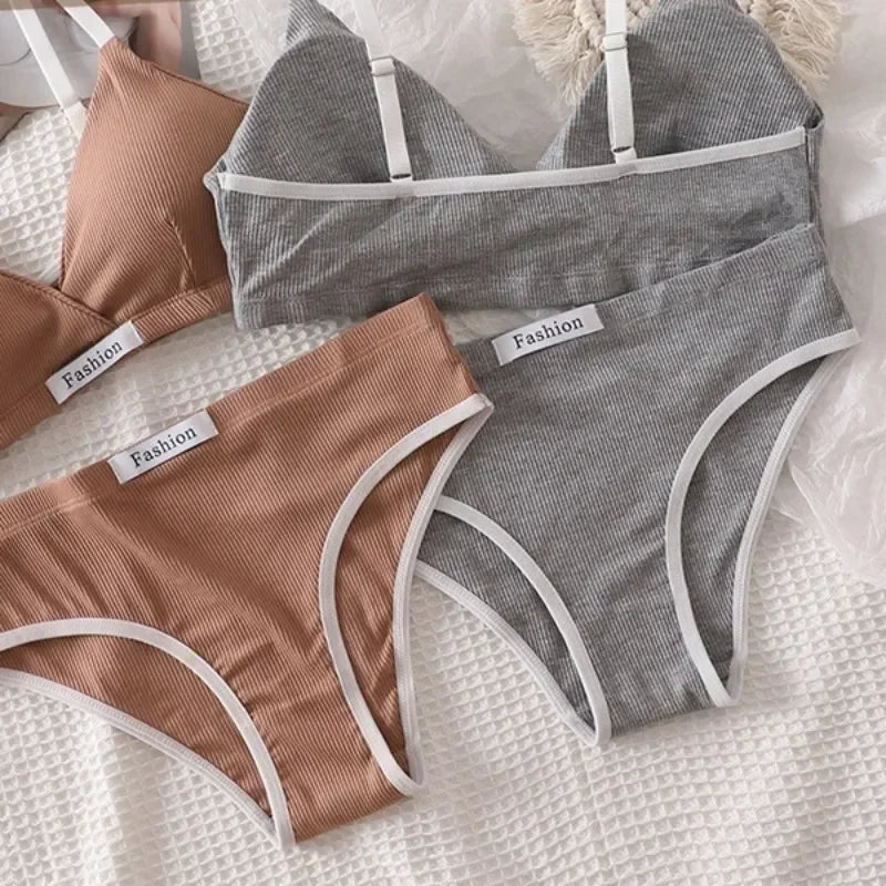 Women Cotton Bra Set Sexy Briefs Low Waist Panties Wire Free Bralette Lingerie Set ATHLEXES