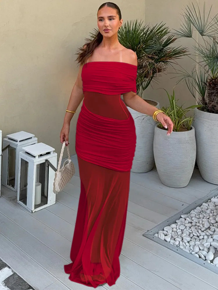 Chic Off-Shoulder Mesh Maxi Dress for Women ATHLEXES