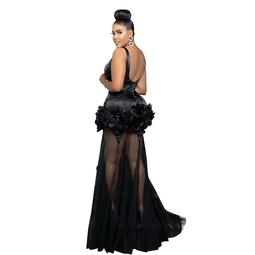 Elegant 3D Floral Mesh Mermaid Maxi Dress ATHLEXES