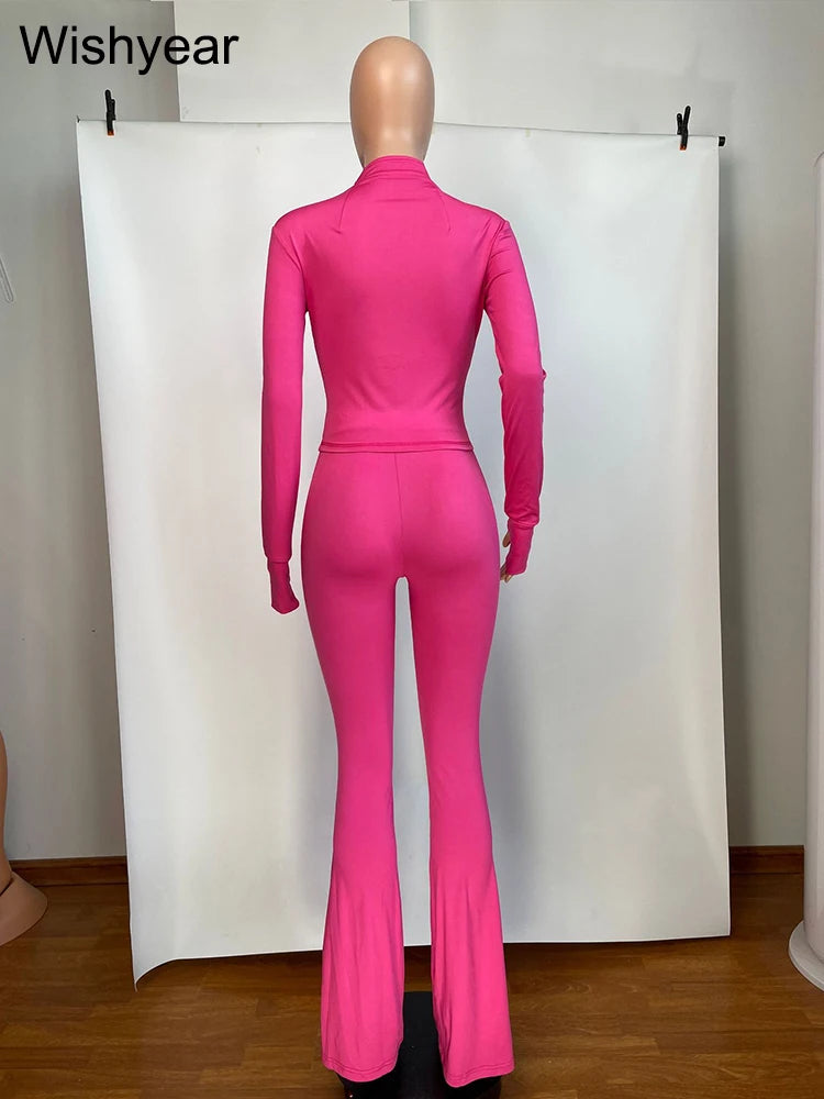 Elegant Street Style Women's Long Sleeve Tops & Flare Pants Set ATHLEXES