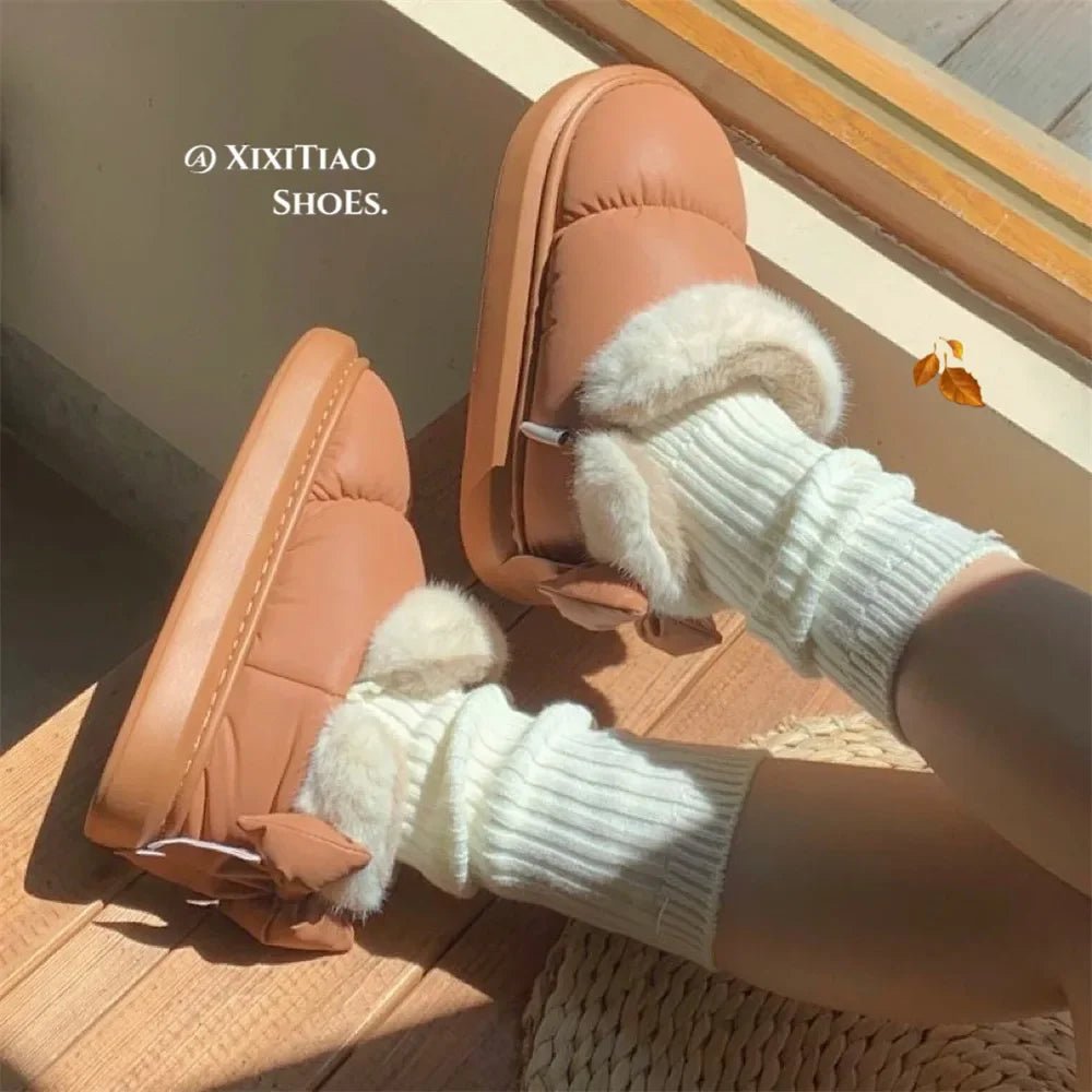 Cute Warm Ankle Boots Winter Women's Bow Warmth Plush Bow Cotton Shoes 2024 New Waterproof Down Cloth Short Barrel Snow Boots ATHLEXES