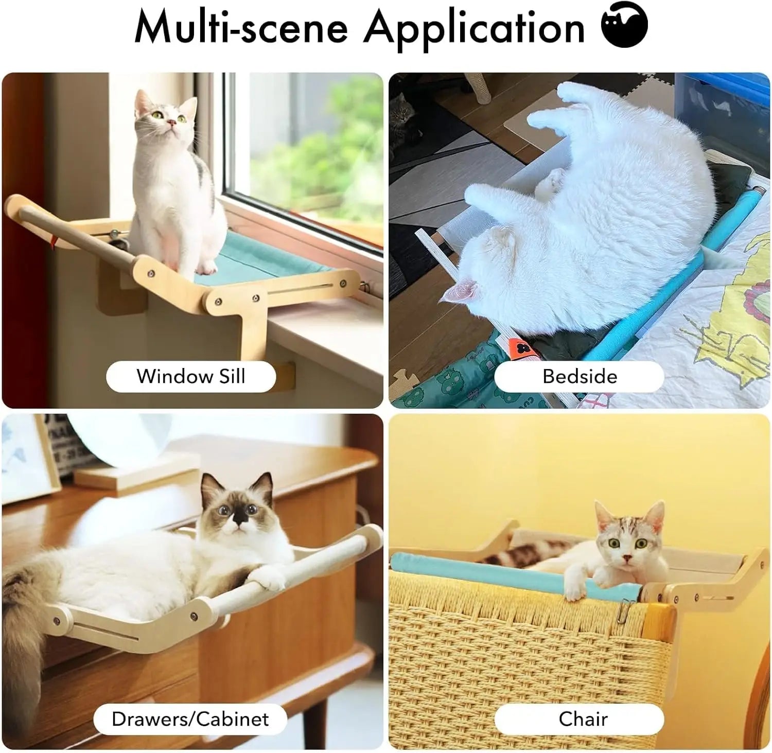 Pet Cat Window Hammock Bed Wooden Assembly Cat Bed Cotton Canvas Easy Washable Adjustable Cattail Small Cats/Dogs Nest ATHLEXES