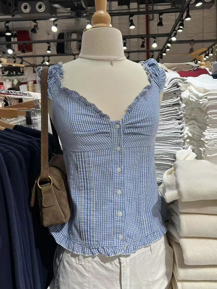 Chic Blue Plaid Puff Sleeve V Neck Crop Top ATHLEXES