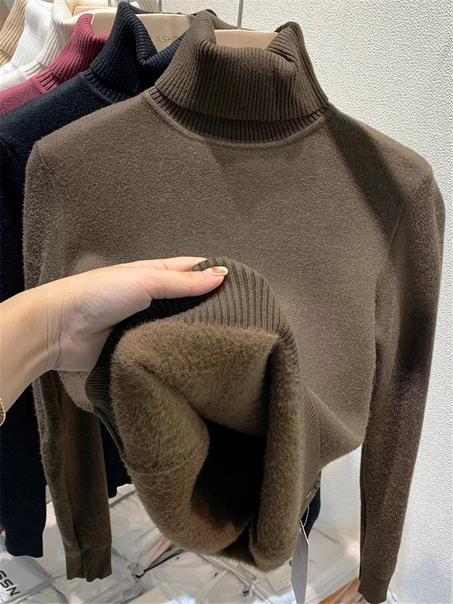 Turtleneck Winter Sweater Women Elegant Thicken Velvet Lined Warm Sueter Knitted Pullover Slim Tops Jersey Knitwear Jumper New ATHLEXES