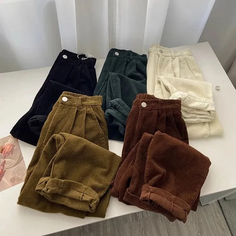 Retro High Waist Corduroy Pants Women Spring Fall Straight Causal Full Length Trousers Korean Fashion Baggy All Match Black Pant ATHLEXES