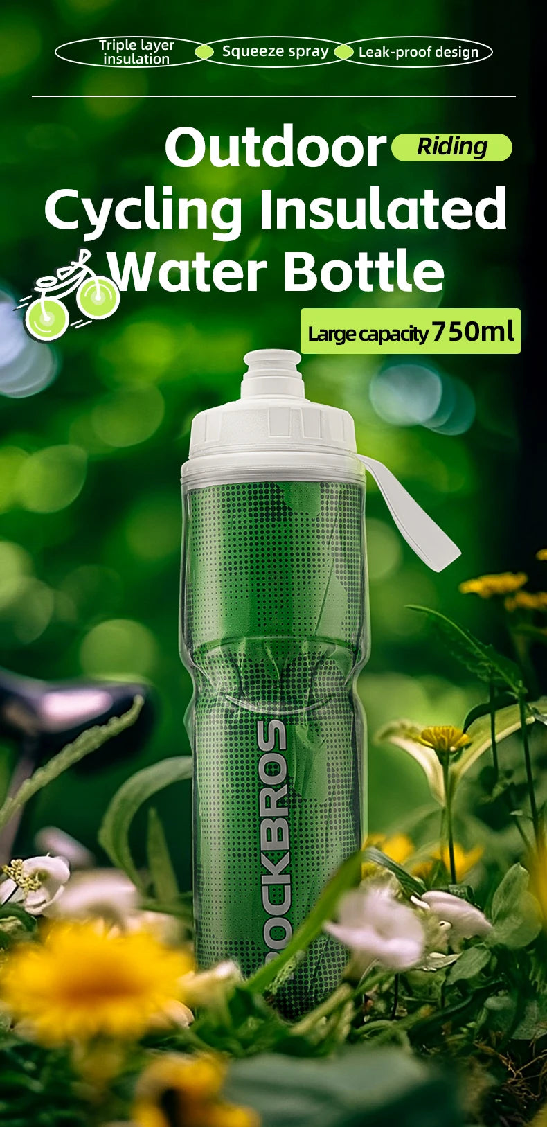ROCKBROS 750ml Insulated Bicycle Water Bottle ATHLEXES