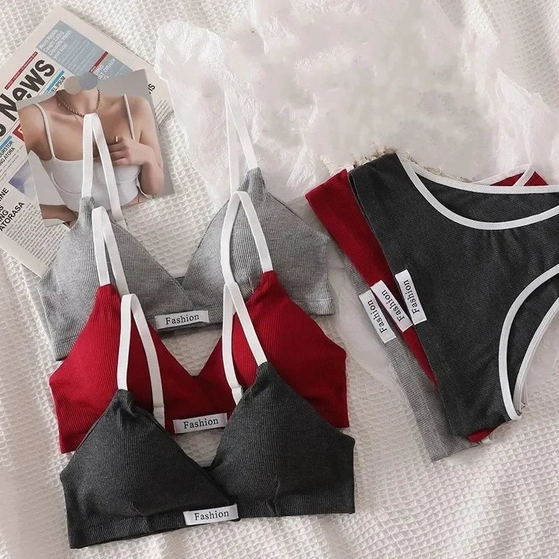 Women Cotton Bra Set Sexy Briefs Low Waist Panties Wire Free Bralette Lingerie Set ATHLEXES