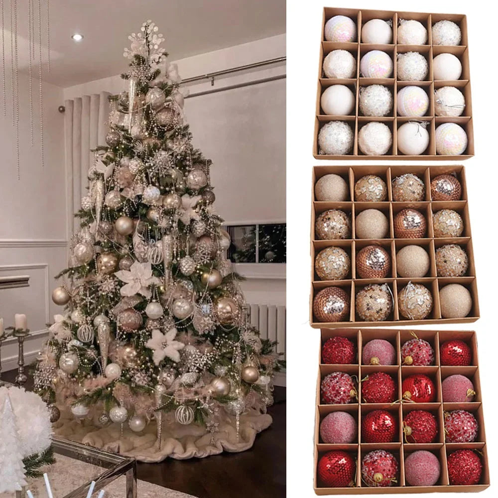 Champagne Gold & Red Glitter Xmas Ball Set 16pcs ATHLEXES