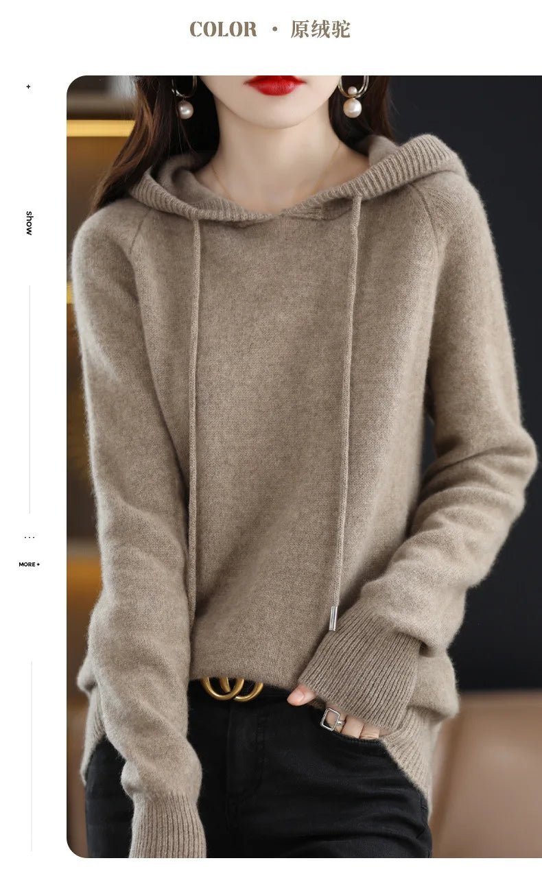 Cashmere Hooded Sweater Women Autumn Winter Long Sleeve Solid Color Knitted Hoodies Lady Loose Drawstring Casual Pullover Hoodie ATHLEXES