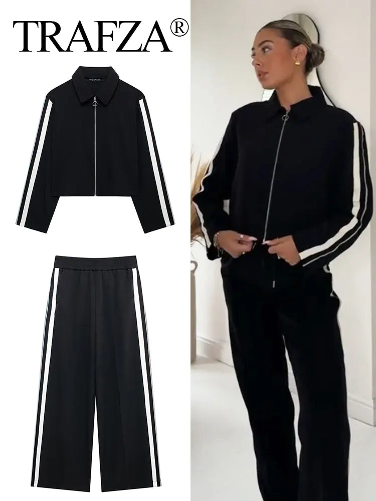 TRAFZA Luxe Stripe Jacket & Trousers Set for Women ATHLEXES