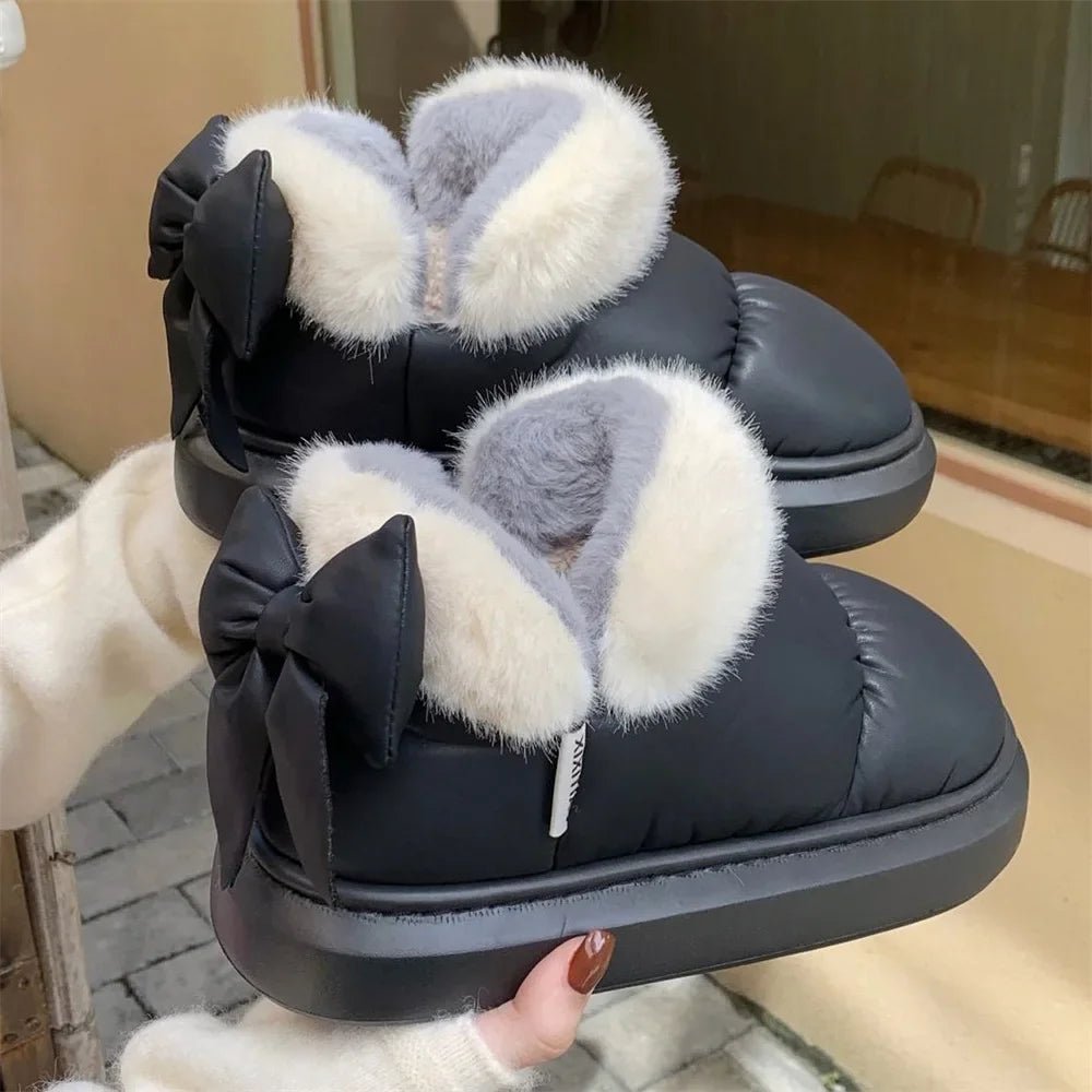 Cute Warm Ankle Boots Winter Women's Bow Warmth Plush Bow Cotton Shoes 2024 New Waterproof Down Cloth Short Barrel Snow Boots ATHLEXES