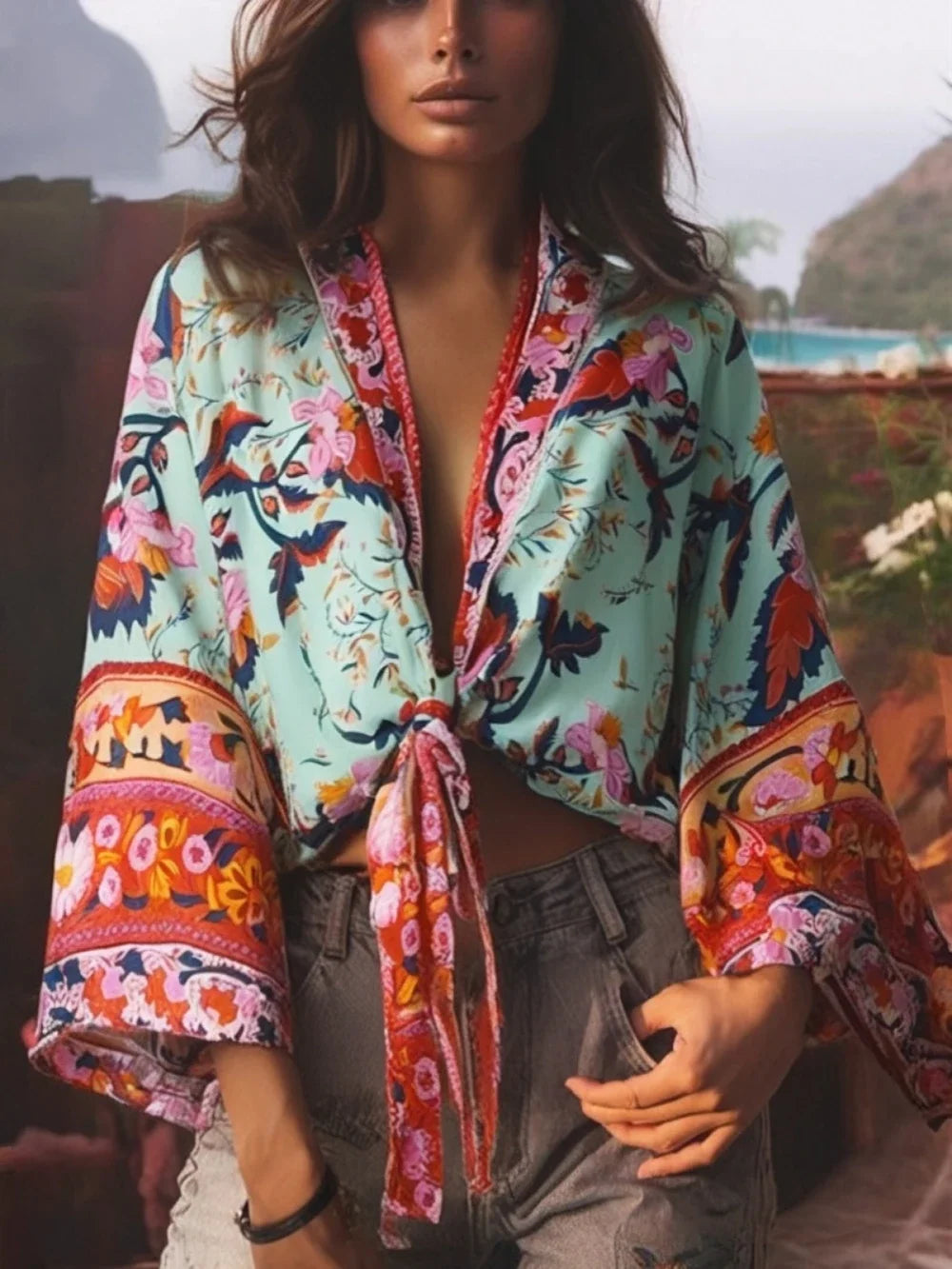 Happie Queens Boho Floral Kimono Bikini Cover-up ATHLEXES