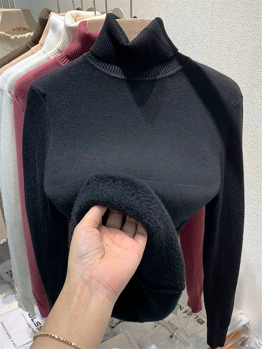 Turtleneck Winter Sweater Women Elegant Thicken Velvet Lined Warm Sueter Knitted Pullover Slim Tops Jersey Knitwear Jumper New ATHLEXES