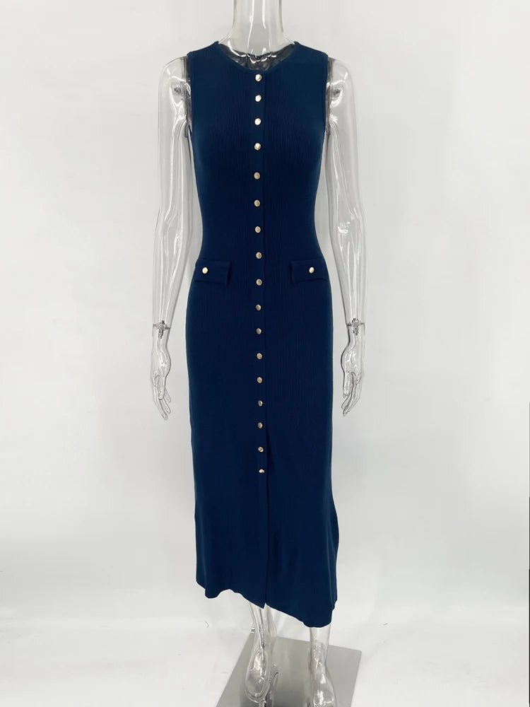 Elegant Knit Ribbed Maxi Dress with Pockets ATHLEXES