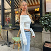 WhereMery Elegant Slash-neck Ribbed Solid Crop Tops Autumn Skinny Off Shoulder Long Sleeve T Shirt French Gentle Tight T-shirts ATHLEXES