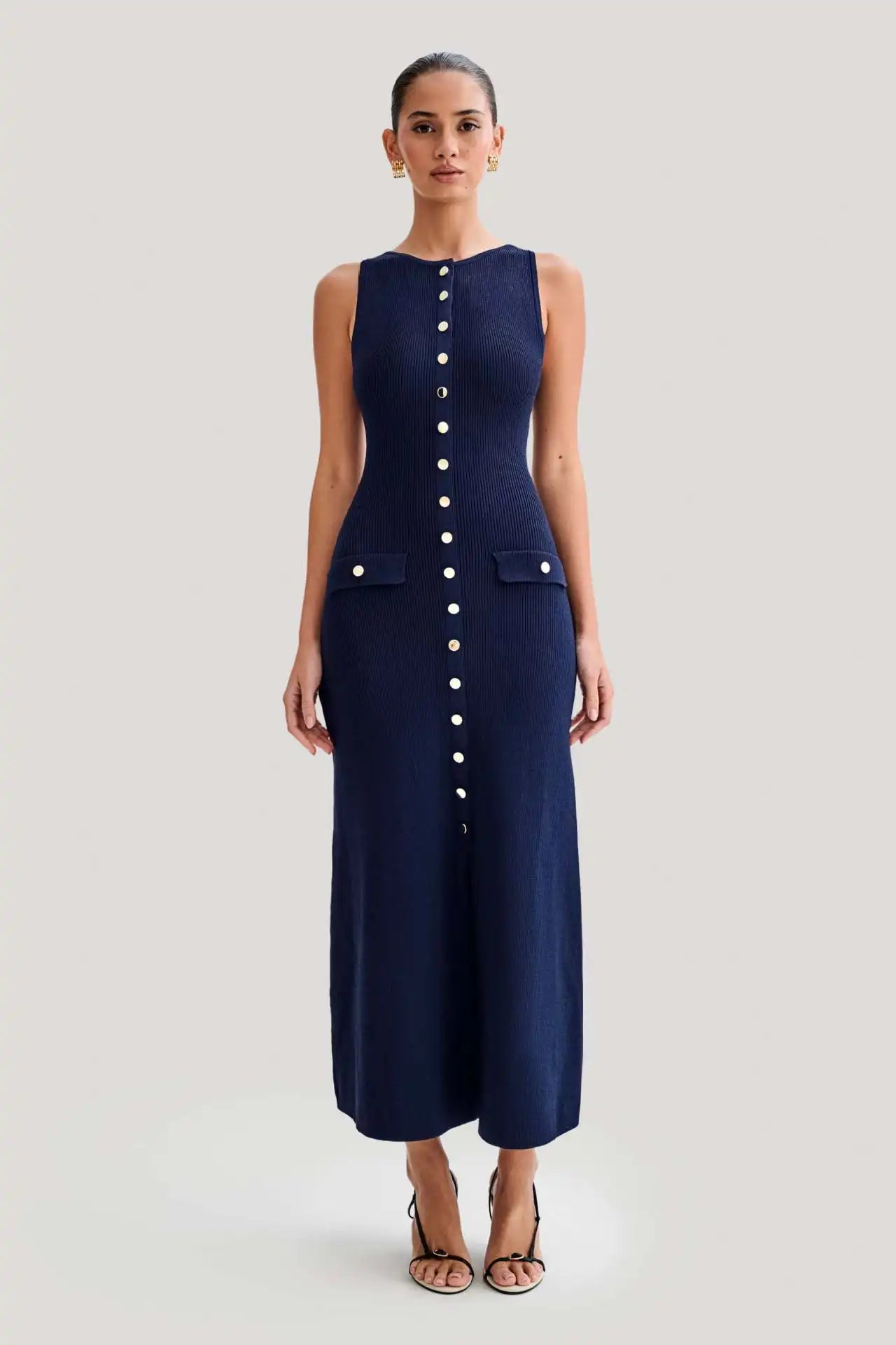 Elegant Knit Ribbed Maxi Dress with Pockets ATHLEXES