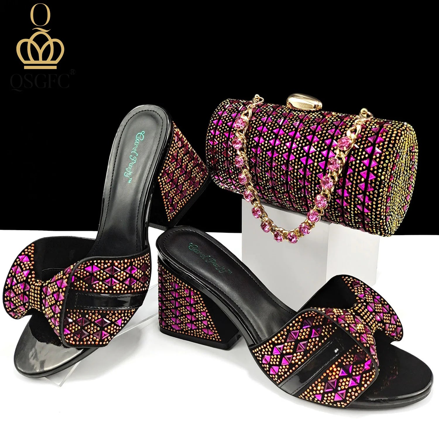 QSGFC Italian Fashion Banquet Shoes and Bags African Women's Hand Bags with Rhinestone Decoration and Women's High Heels ATHLEXES