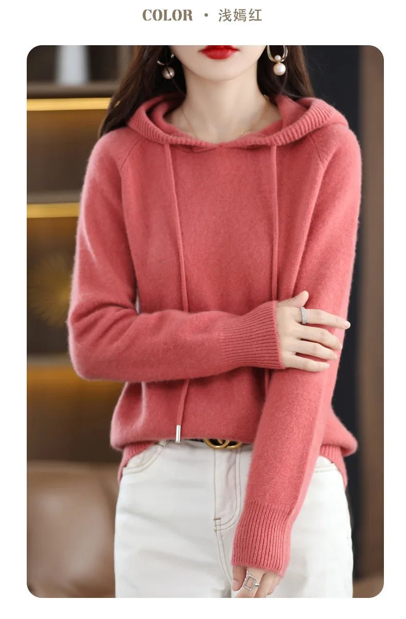 Cashmere Hooded Sweater Women Autumn Winter Long Sleeve Solid Color Knitted Hoodies Lady Loose Drawstring Casual Pullover Hoodie ATHLEXES