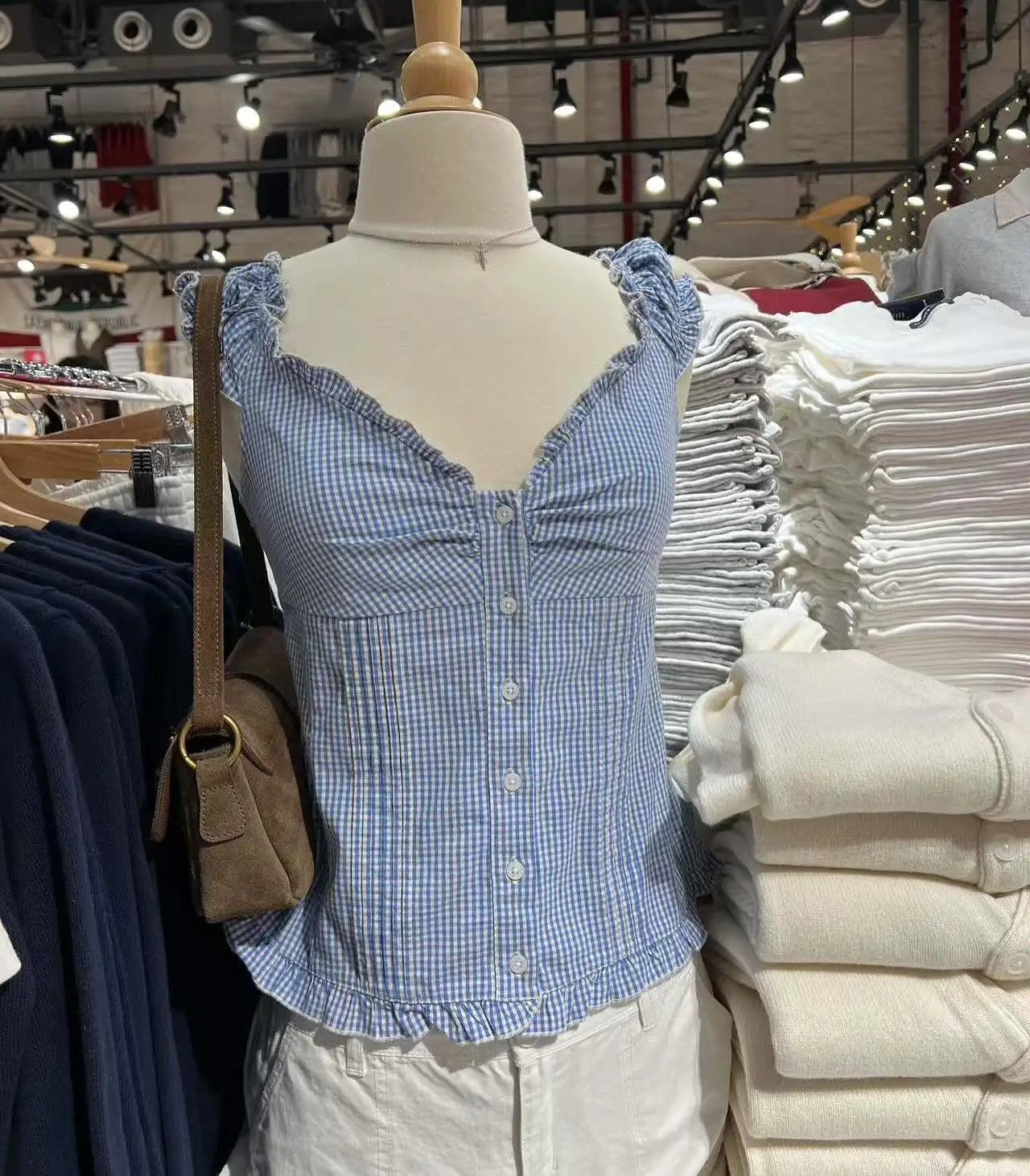 Chic Blue Plaid Puff Sleeve V Neck Crop Top ATHLEXES