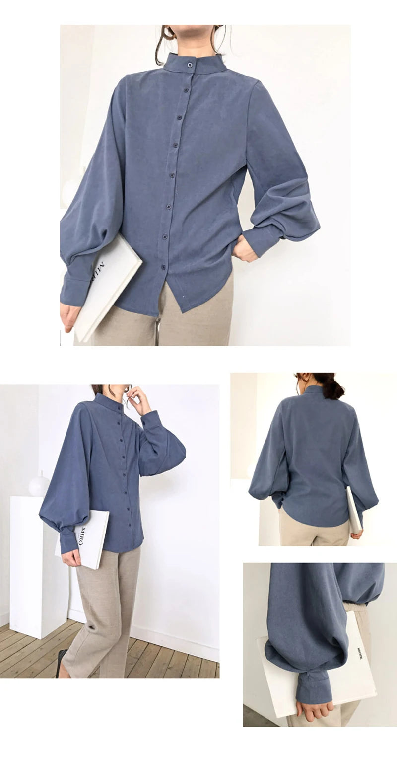 Elegant Lantern Sleeve Blouse for Women - Autumn Winter Office Chic ATHLEXES
