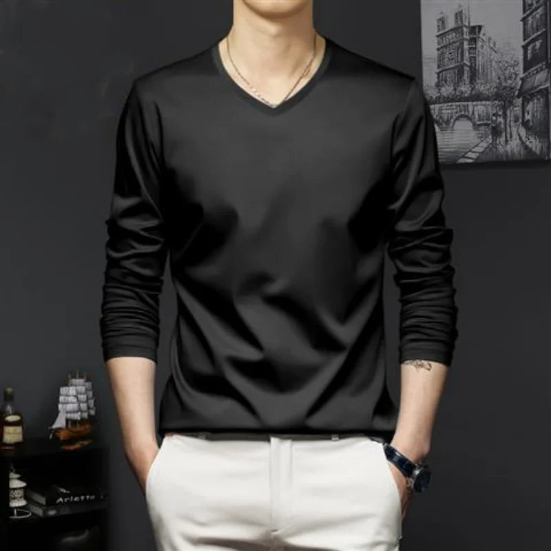 Autumn New Promotion Ice Silk Men's V-Neck Casual Top 2023 ATHLEXES