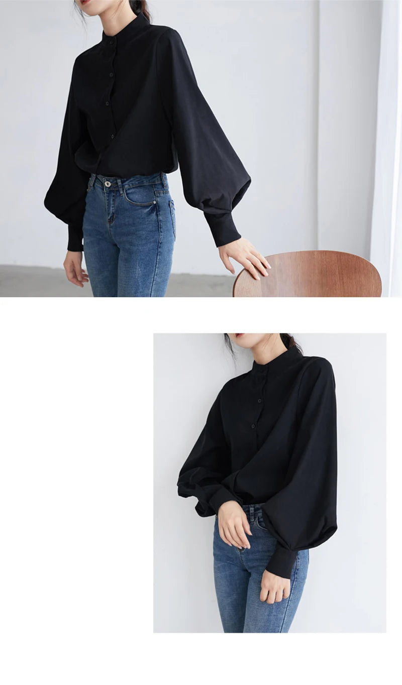 Elegant Lantern Sleeve Blouse for Women - Autumn Winter Office Chic ATHLEXES