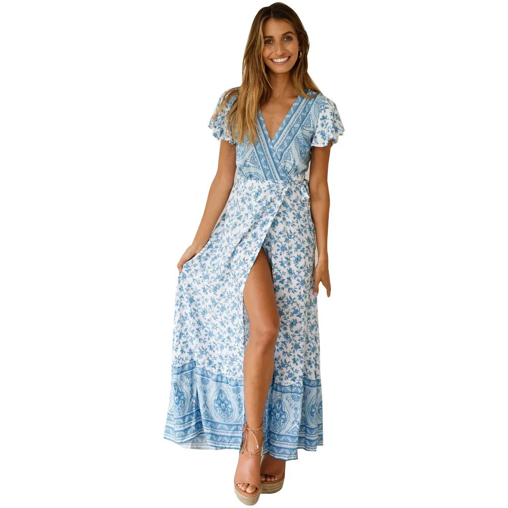 Chic V Neck Summer Slit Maxi Dress for Women ATHLEXES