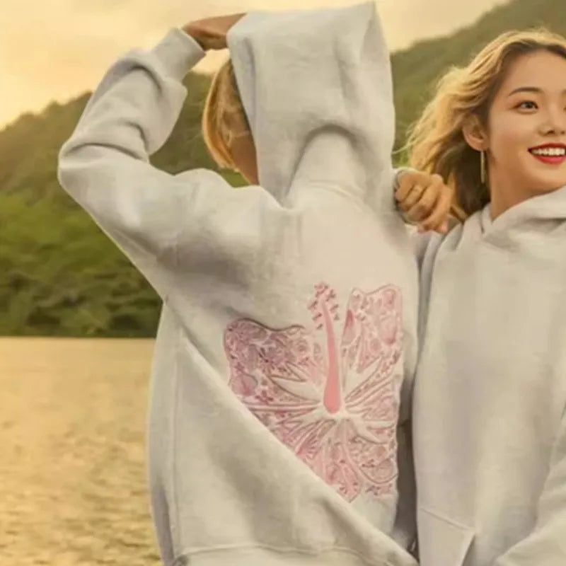 PINK PALM PUFF Casual Embroidered Fleece Hoodie ATHLEXES
