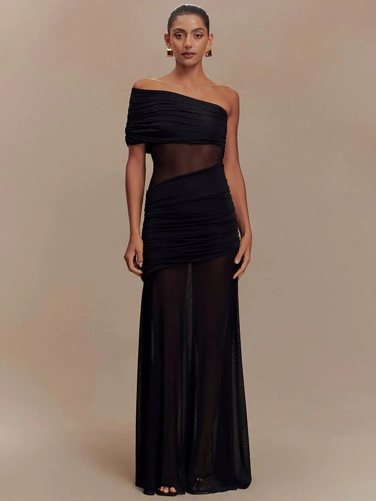 Chic Off-Shoulder Mesh Maxi Dress for Women ATHLEXES