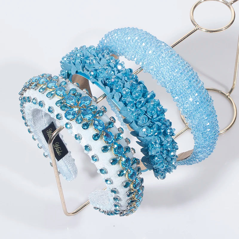 Elegant Blue Rhinestone Turban Headband for Women ATHLEXES