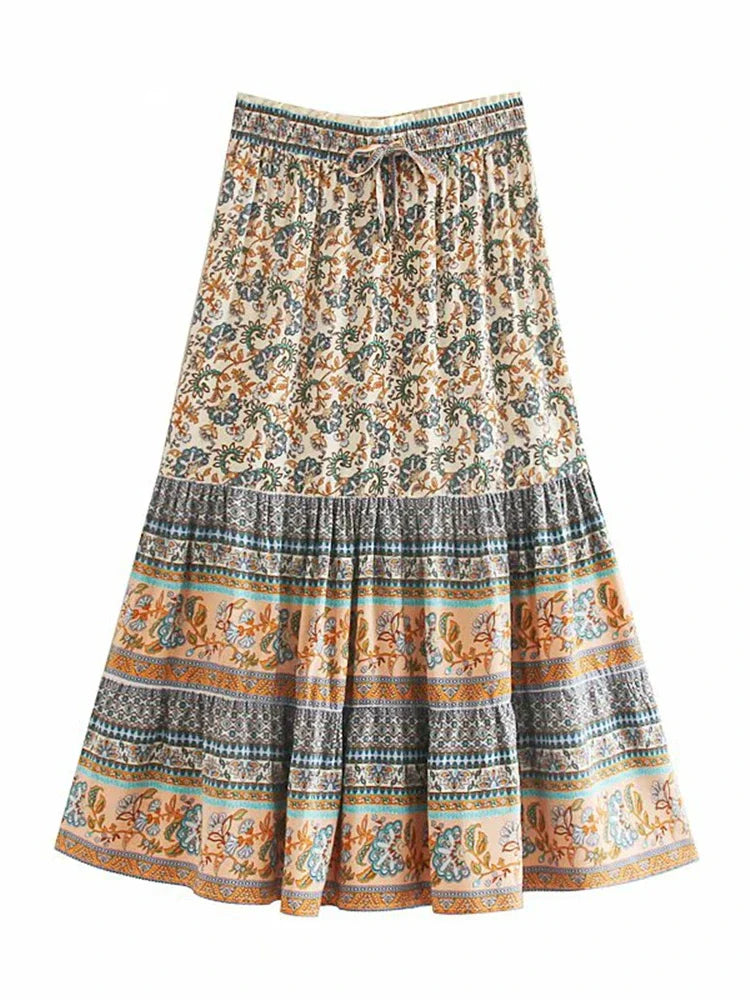 Bohemian Floral Peacock Midi Skirt for Women ATHLEXES