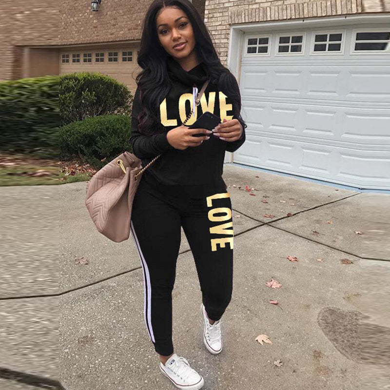 Chic Love Print High Neck Hoodie and Pants Set ATHLEXES