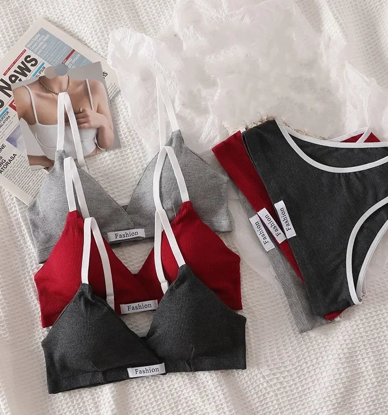 Women Cotton Bra Set Sexy Briefs Low Waist Panties Wire Free Bralette Lingerie Set ATHLEXES