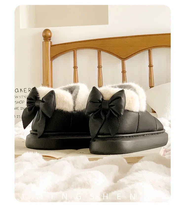 Cute Warm Ankle Boots Winter Women's Bow Warmth Plush Bow Cotton Shoes 2024 New Waterproof Down Cloth Short Barrel Snow Boots ATHLEXES