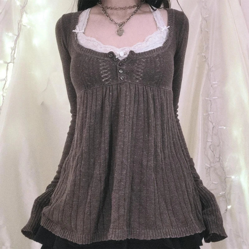 Y2K Aesthetic Vintage Babydoll Knit Sweater Tops ATHLEXES