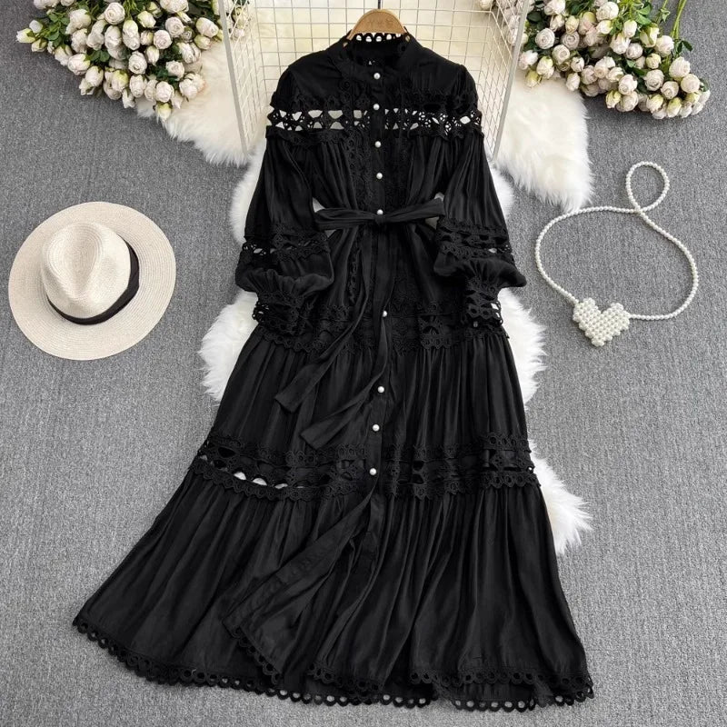 Elegant Hollow Out Lace Long Sleeve Dress ATHLEXES