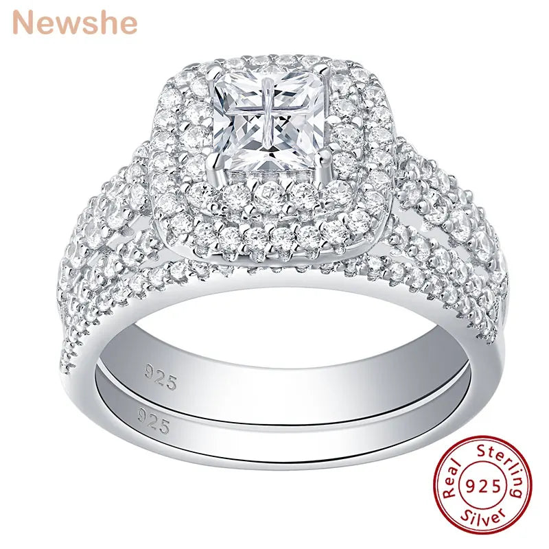 Newshe Elegant 925 Silver Halo Wedding Ring Set ATHLEXES