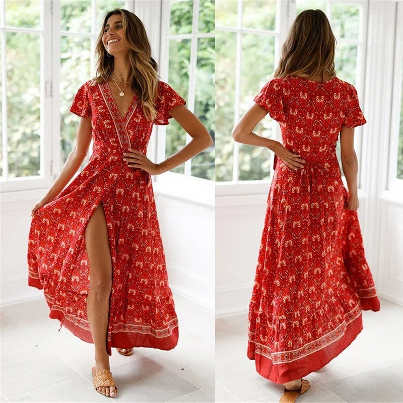 Boho Chic Floral V Neck Summer Dress ATHLEXES