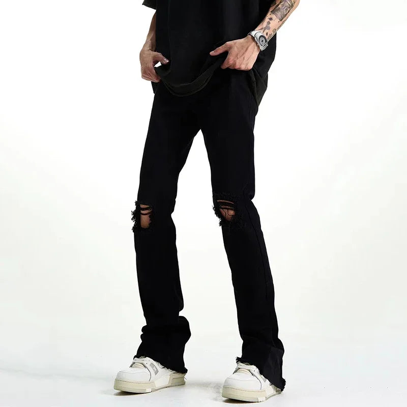 Gothic Vibe Ripped Denim Bell Bottom Trousers ATHLEXES