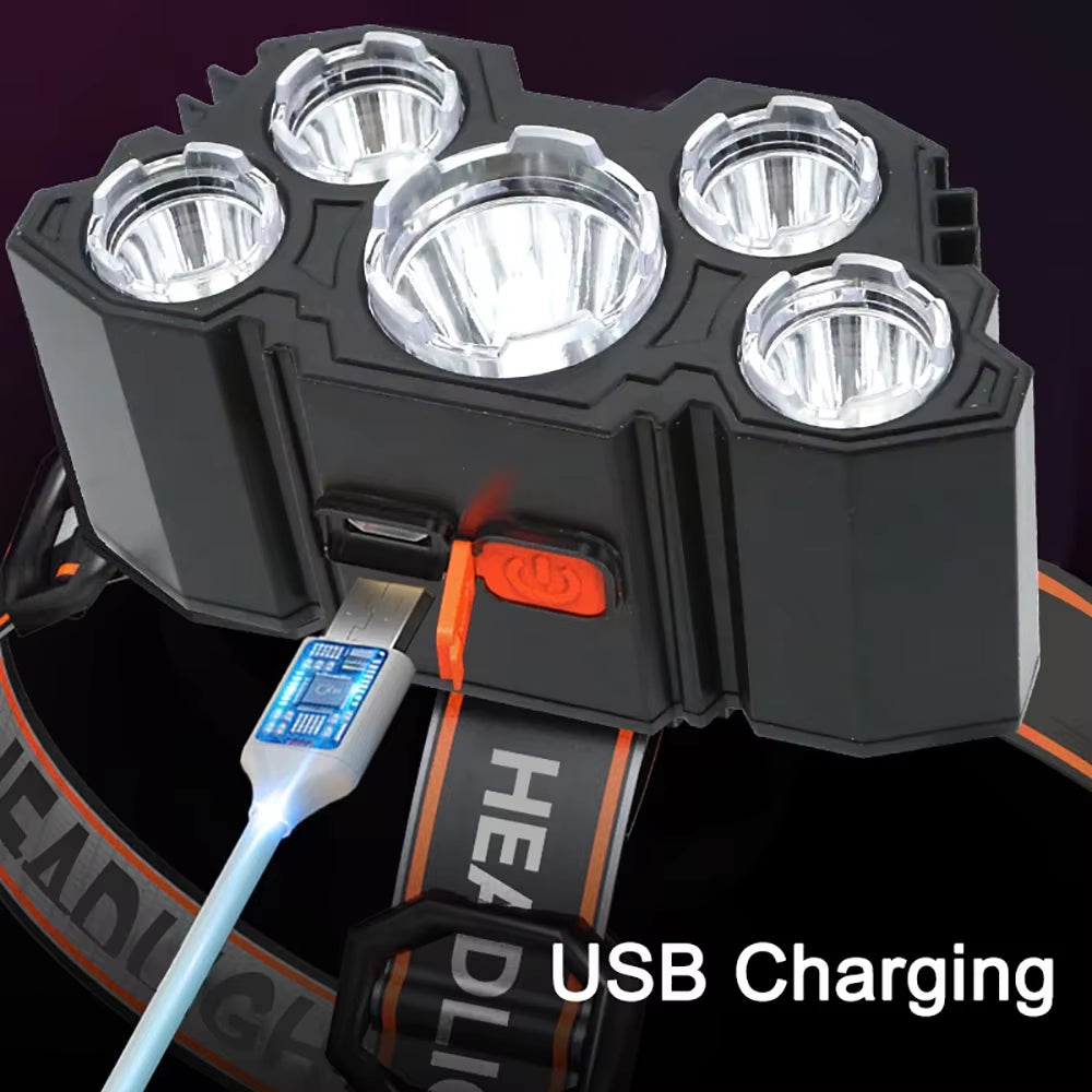 5 LED Flashlight Rechargeable with Built in Battery Strong Light Camping Adventure Fishing Head Light Headlamp ATHLEXES